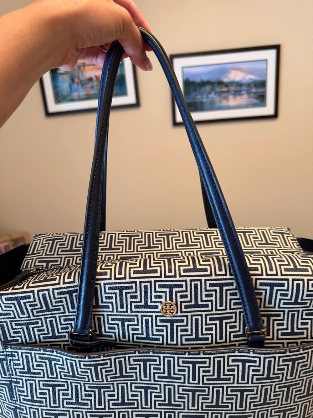 Tory Burch Navy and White Logo-Print Tote